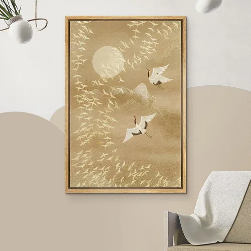 Vista 3 de NWT Impresión en lienzo enmarcado para pared, acuarela, grullas, pájaros volando, naturaleza salvaje, ilustraciones de arte moderno decorativo