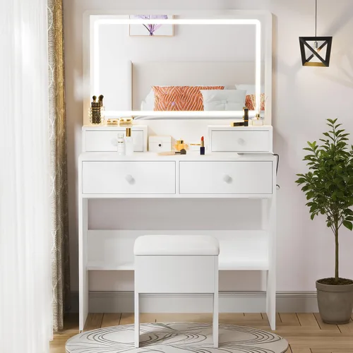 Vista 7 de Haewon - Escritorio de tocador con espejo LED, toma de corriente y silla de almacenamiento, color blanco Mesa de maquillaje con 3 modos de luz, 4