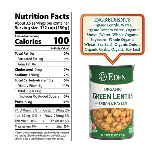 Vista 2 de Eden Lentejas verdes orgánicas con cebolla y hoja de laurel, lata de 15 onzas (paquete de 12), sin OMG, veganas, kosher, cultivadas en Estados