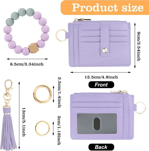 Vista 2 de Cartera llavero pulsera para mujer, delgado RFID tarjeta de crédito, monedero, borla llavero brazalete para hombres y mujeres, Púrpura