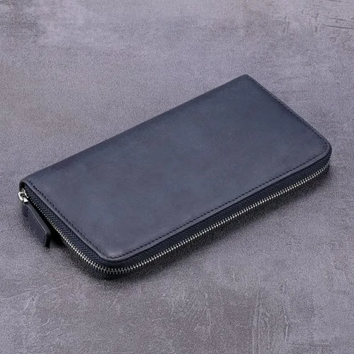 Vista 4 de HISCOW Funda de cuero para chequera, billetera con cremallera, color azul Aniline Cuero Azul