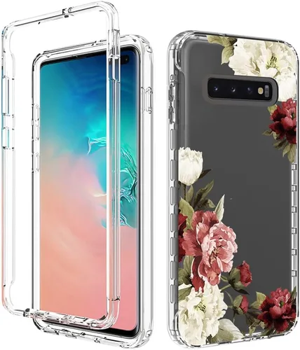 Vista 6 de Funda para Samsung Galaxy S10 Plus, Samsung S10+ SM-G975U con protector de pantalla de vidrio templado, bonito patrón floral transparente, funda