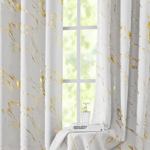 Vista 23 de WUBODTI Cortinas 100% Opacas de Mármol Beige de 63 Pulgadas de Largo 2 Paneles, Cortina Corta con Ojales de Impresión de Lámina Dorada Moderna