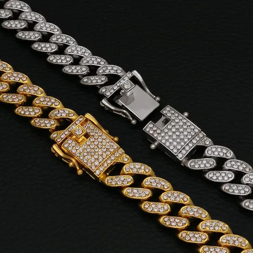 Vista 4 de ICEDATA Cadena de eslabones cubanos Hip Hop Link 13MM Ancho AAA+ Rhinestone Aleación de Zinc Cadena Cubana para Hombres, Zinc, cristal