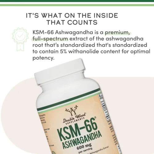 Vista 4 de Double Wood Supplements Ashwagandha KSM 66 Extracto orgánico y clínicamente estudiado (600 mg por porción, 120 cápsulas, 60 porciones) Administrador