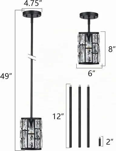 Vista 4 de MEXO Lámpara colgante de cristal moderna de 2 piezas con acabado mate negro, iluminación colgante, candelabro de cristal para sala de estar, cocina