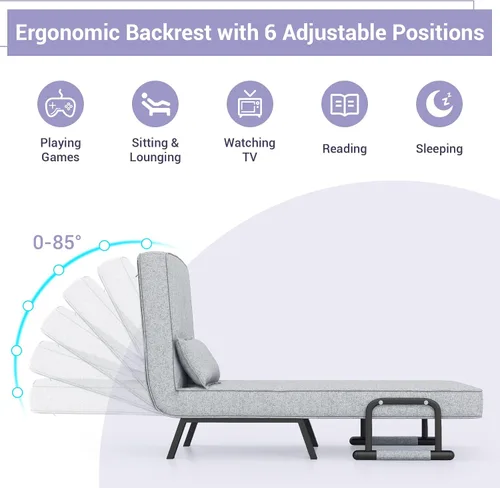 Vista 6 de MAT EXPERT Silla convertible con almohada, silla plegable moderna 4 en 1 con respaldo ajustable de 6 niveles, sofá cama individual cómodo para sala