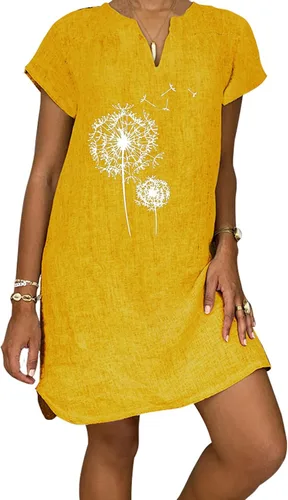 Vista 2 de ONGJWU Vestidos de verano para mujer, estampado de diente de león, manga corta, cuello en V, suelto, de algodón, lino, vestidos de otoño