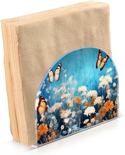 Vista 2 de Servilleteros de flores moradas con mariposas para mesas, servilleteros de acrílico transparente, servilleteros de cóctel para cocina, restaurante