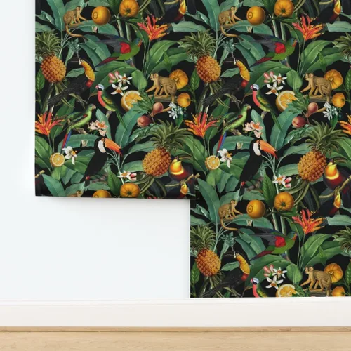 Vista 4 de Muestro de papel tapiz extraíble – Naturaleza Botánico Tropical Tucanes Monos Loros Papel pintado personalizado pre-pegado por Spoonflower