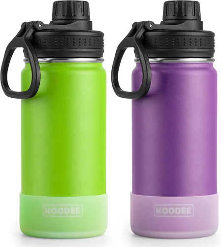 Vista 29 de Koodee Paquete de 2 botellas de agua, de 12 onzas, acero inoxidable, con aislamiento al vacío, con tapa de boquilla a prueba de fugas, color verde