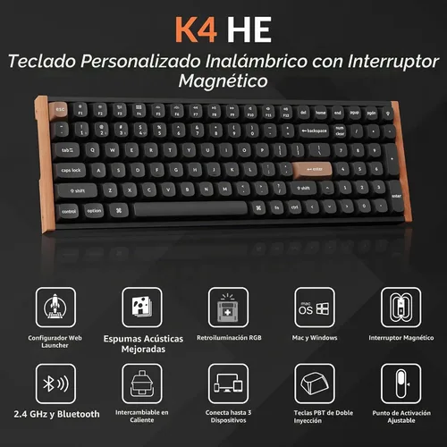 Vista 2 de Keychron K4 HE - Teclado mecánico inalámbrico compacto 96% con efecto Hall con teclado numérico, interruptor magnético, activación rápida, RGB