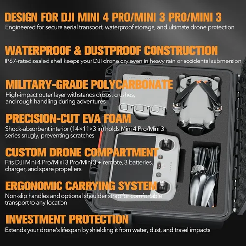Vista 6 de Estuche Rígido para DJI Mini 4 Pro: Carcasa Resistente al Agua con Espuma para DJI Drone Mini 3 Pro/Min3/RC2/RC/RC-N2/N1 Caja de Almacenamiento