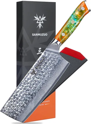 Vista 15 de Cuchillo Santoku de 7" - Cuchillo de chef japonés - Acero de Damasco martillado y mango de resina - Serie YAO