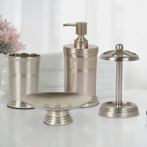 Vista 2 de nu steel DR-3456-SET4 Colección Dual Ridge - Accesorios de baño, juego de 4 baños que incluye jabonera, dispensador de loción, taza para vaso
