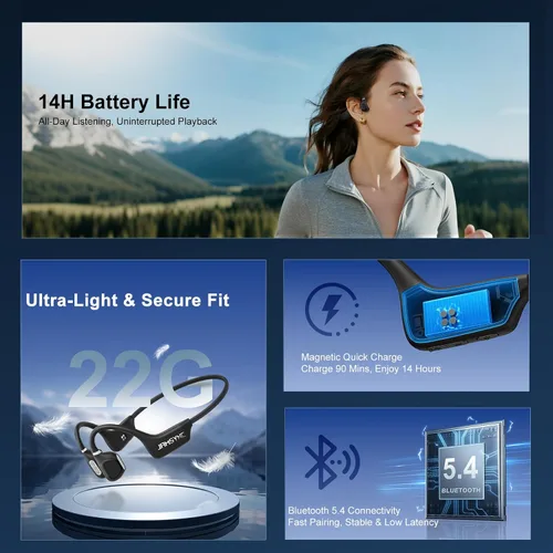 Vista 5 de Auriculares de oreja abierta, auriculares para correr Bluetooth 5.4 con micrófono integrado, auriculares Bluetooth de 14 horas y IPX5 impermeables