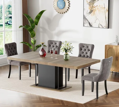 Vista 31 de Mesa de comedor extensible de 78.74 pulgadas para 6 8 y 10 pulgadas, moderna mesa de comedor extensible de granja con base de doble pedestal, mesa