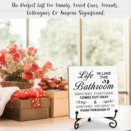 Vista 4 de Letrero de madera para decoración de baño, bloque de madera con texto en inglés "Life Is Like The Bath", de 5 x 5 pulgadas, viene con soporte