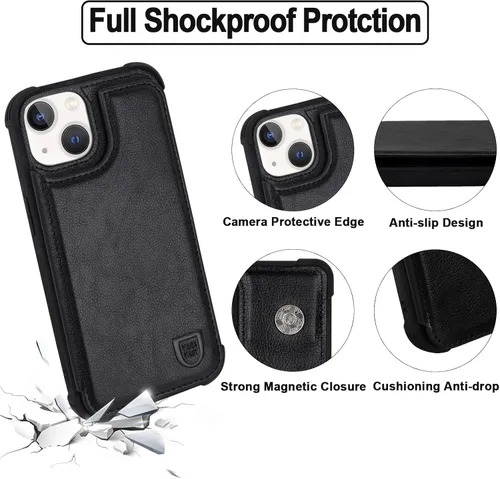 Vista 3 de VANAVAGY Funda tipo cartera compatible con iPhone 13 Mini para mujeres y hombres, funda de piel sintética con tapa para teléfono compatible con Negro