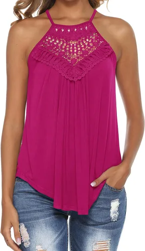 Vista 16 de Bluetime Halter Tops Women Sleeveless Crochet Flowy Cute Summer Tank Tops Negro