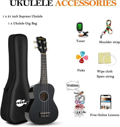 Vista 8 de Kit de ukelele soprano para principiantes de 21 pulgadas con correa de sintonizador de bolsa de concierto en línea gratuita, rápido de aprender