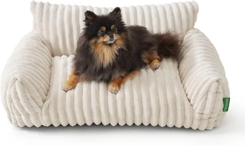 Vista 12 de Lindo sofá cama para mascotas, sofá de apoyo para gatos de interior, sofá cama pequeño para perros pequeños, beige, 24 pulgadas
