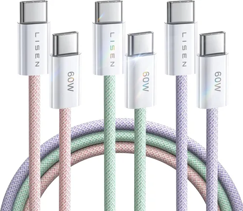Vista 18 de LISEN Cable USB C, paquete de 5 cables USBC a USBC [0.5 pies] para iPhone 17 16e 15 Pro Max, cable de carga rápida de 60 W C a C para Galaxy Negro