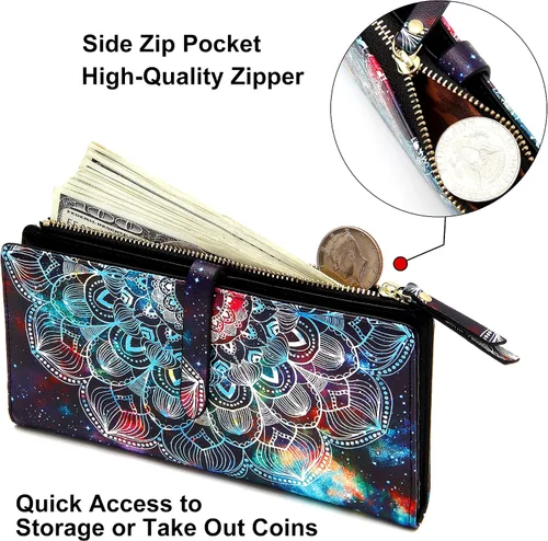 Vista 4 de Billeteras delgadas para mujer, tarjetero RFID plegable con bolsillo con cremallera, Mandala azul, Delgado