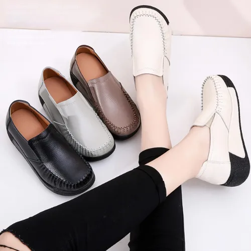 Vista 5 de Mocasines de cuero con plataforma para mujer, transpirables, antideslizantes, con buen arco, para enfermera, para caminar y caminar Beige