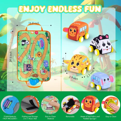Vista 5 de Nuevo juego de vehículos de tracción con alfombra musical y manta de juego táctil, juego de juguetes suaves para bebés con 4 lindos autos