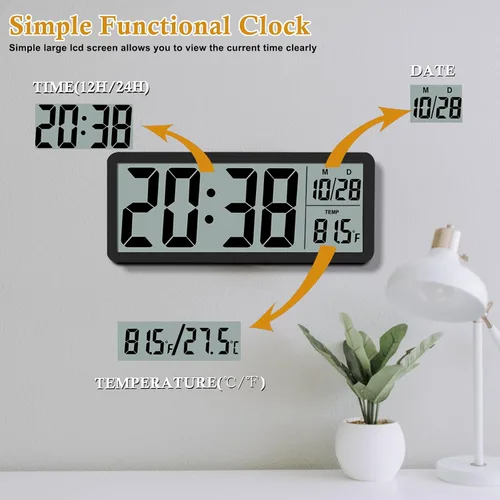 Vista 7 de Reloj de Pared LCD Digital Fácil de Configurar, Pantalla LCD de 8.5 Pulgadas con Pantalla de Hora/Fecha/Temperatura, Reloj de Escritorio Digital