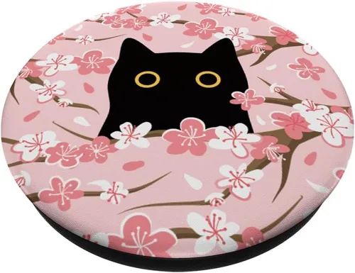 Vista 2 de PopSockets con adhesivo PopGrip con diseño de gato negro con diseño de cerezo japonés