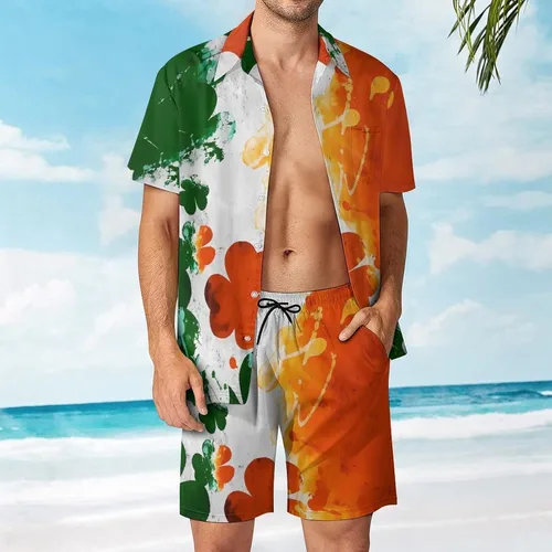 Vista 2 de Conjunto de camisas y pantalones cortos hawaianos para hombre, camisa casual de manga corta con botones, camisa de verano para la playa hawaiana