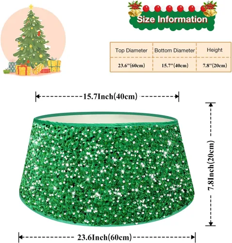 Vista 2 de Collar de Árbol de Navidad Faldas de Árbol Verdes para Árboles Artificiales de 23.6 Pulgadas Falda de Árbol Bordada con Lentejuelas Cubierta