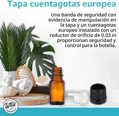 Vista 5 de Botella de vidrio color ámbar de 5 ml con gotero euro Tapa negra Juego de 12