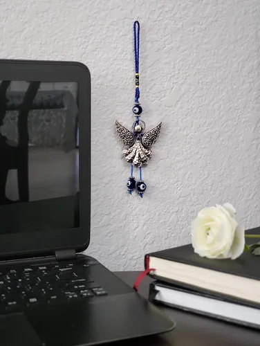 Vista 5 de LUCKBOOSTIUM Hermoso ángel con cristal azul y adorno colgante de mal de ojo, dijes de buena suerte, llaves del hogar, bolso, bolsos y accesorios