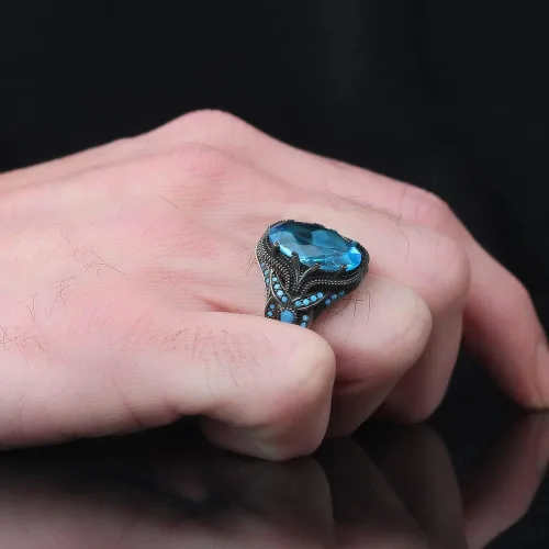 Vista 4 de 925 Sterling Silver Aquamarine Stone with Turquoise Stones Men Silver Ring, Handmade Blue Aquamarine Stone Men's Silver Ring, Vintage Men Ring