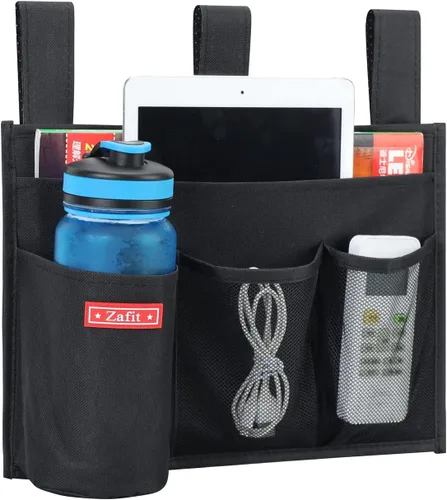Vista 2 de Zafit Organizador colgante para mesita de noche, organizador de almacenamiento para revistas, teléfono, control remoto (4 bolsillos, negro)