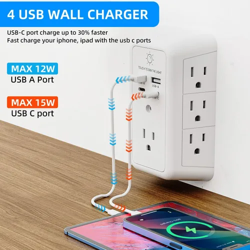 Vista 3 de Protector de sobretensiones de enchufes múltiples, extensor de 7 salidas con luz nocturna, cargador de pared USB con 2 puertos USB C y 2 puertos