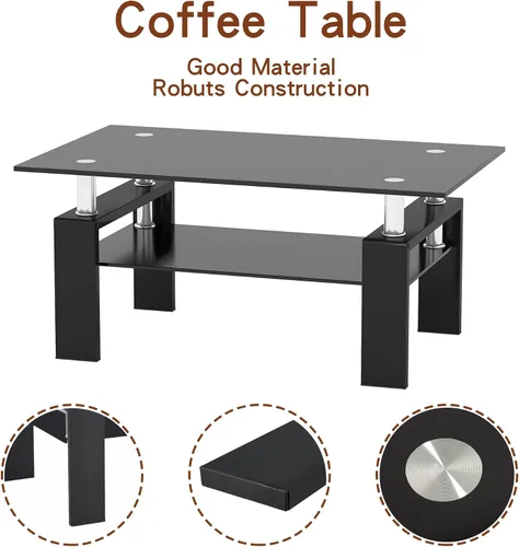 Vista 4 de IANIYA Mesa auxiliar rectangular de vidrio templado, patas de tubo de metal, mesa auxiliar para sala de estar (todo negro)