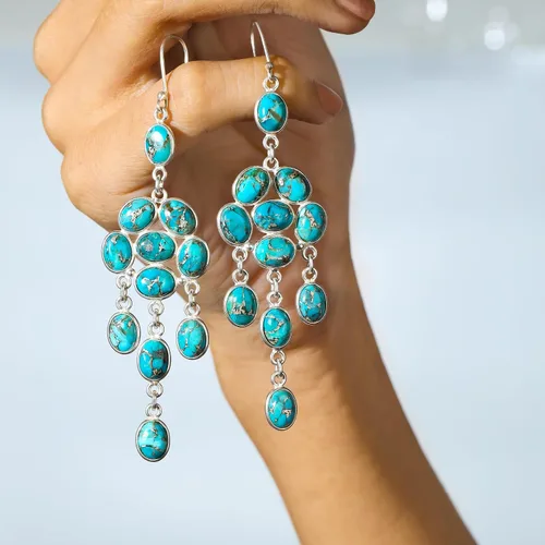 Vista 3 de YoTreasure Pendientes colgantes de plata de ley 925 con piedra lunar azul cobre turquesa