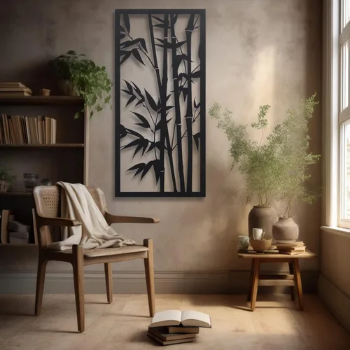 Vista 6 de Arte de pared de metal, decoración de pared de metal con árboles de bambú, bosque de bambú, decoración moderna única para el hogar, decoración