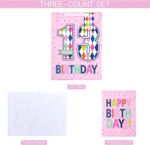 Vista 6 de Loveinside Bolsa de regalo de cumpleaños rosa con papel de seda, etiqueta de regalo y tarjeta de felicitación para niñas, fiestas y más, 10 x 5 x 13