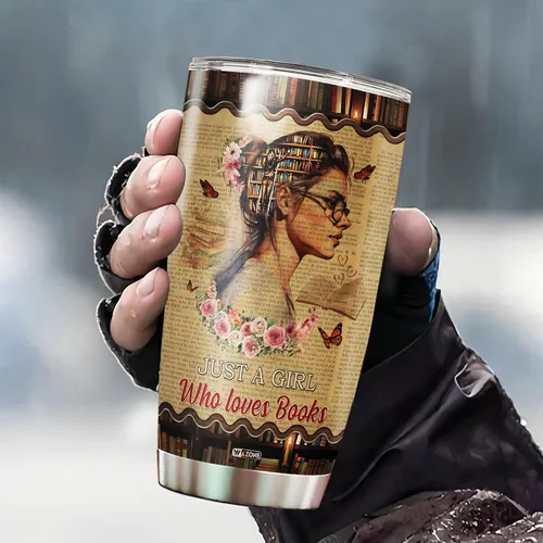 Vista 3 de WAZONE Vaso personalizado para amantes de los libros con tapa con nombre personalizado Just A Girl Who Loves Books de acero inoxidable de 20 onzas