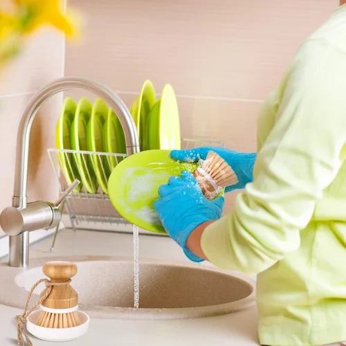 Vista 7 de Boao Cepillo de bambú para limpiar platos y 1 soporte de madera natural para limpiar la cocina, cepillo duradero de bambú para limpiar ollas