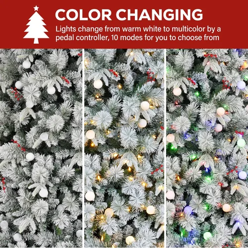 Vista 5 de Hykolity Árbol de Navidad flocado preiluminado de 7.5 pies, 450 luces LED 1592 puntas flocadas mixtas, 450 LED blanco cálido y multicolor, 10 modos