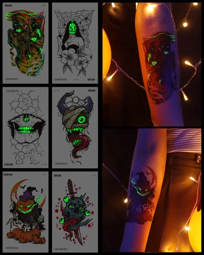 Vista 12 de 20 hojas de tatuajes temporales de mariposa que brillan en la oscuridad para mujeres, flores luminosas, mariposas, alas de tatuaje, calcomanías