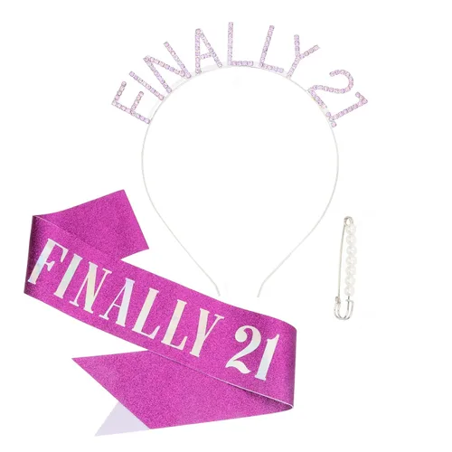 Vista 8 de Semato Kit de diadema de cumpleaños de 21 cumpleaños con banda y diamantes de imitación "FINALLY 21", decoración de cumpleaños de 21 años, regalos