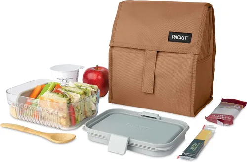 Vista 6 de PackIt® Bolsa de almuerzo congelable, almendra, fabricada con tecnología ECOFREEZE®, plegable, reutilizable, cierre de cremallera y pliegue con asa