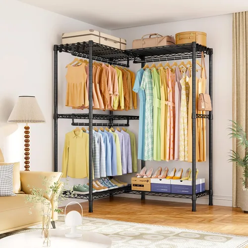 Vista 8 de ULIFHOME E15 - Perchero en forma de L para esquina, perchero independiente para colgar ropa, organizador de armario resistente con 4 varillas